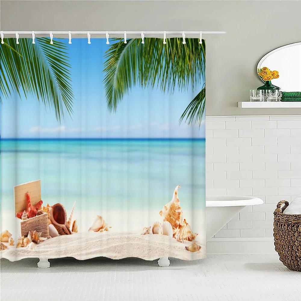 Sunny Beach Seaside Scenery 3D Printing Shower Curtain Large Size Waterproof Polyester Home Decor Curtain With Hooks