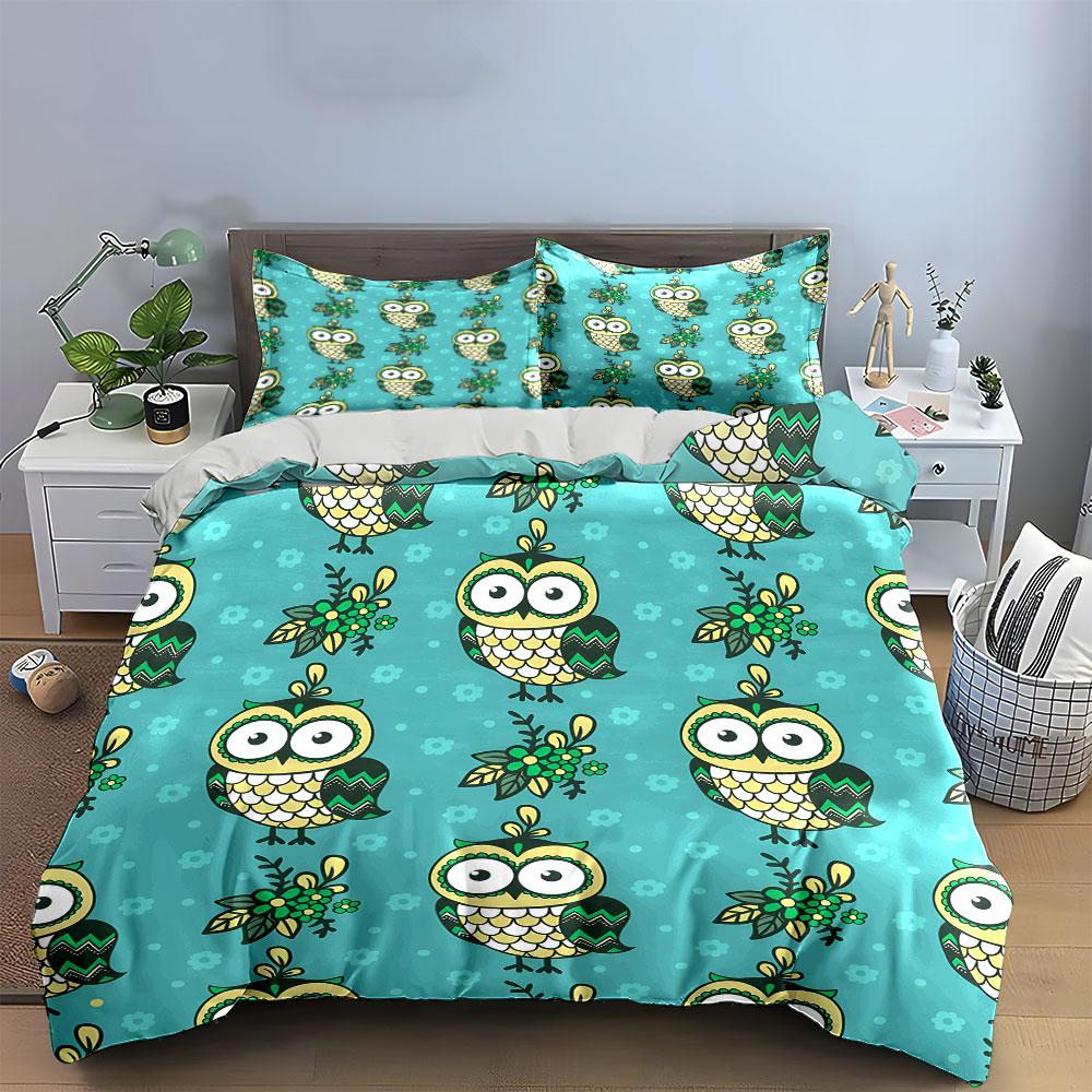 Cartoon Owls and Florals Pattern Bedding Duvet Cover Set (1*Duvet Cover 2*Pillowcases, without duvet insert)