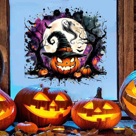 Creative Halloween Gift Ideas Static Window Clings, Watercolor Pumpkin Ghost Skull Decals, No Large Decals for Parties Glue Glass Stickers Living Room