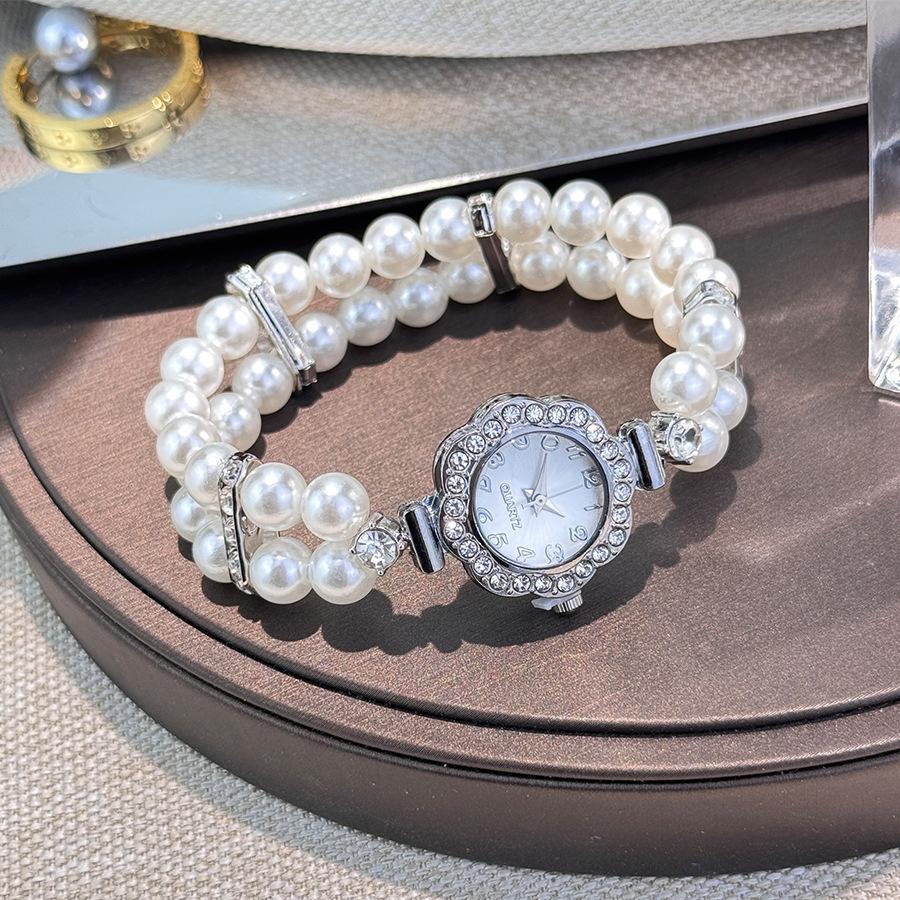 Double Row Imitation Pearl Elastic Elastic Watch Light Luxury Flower Diamond Full Digital Women's Watch