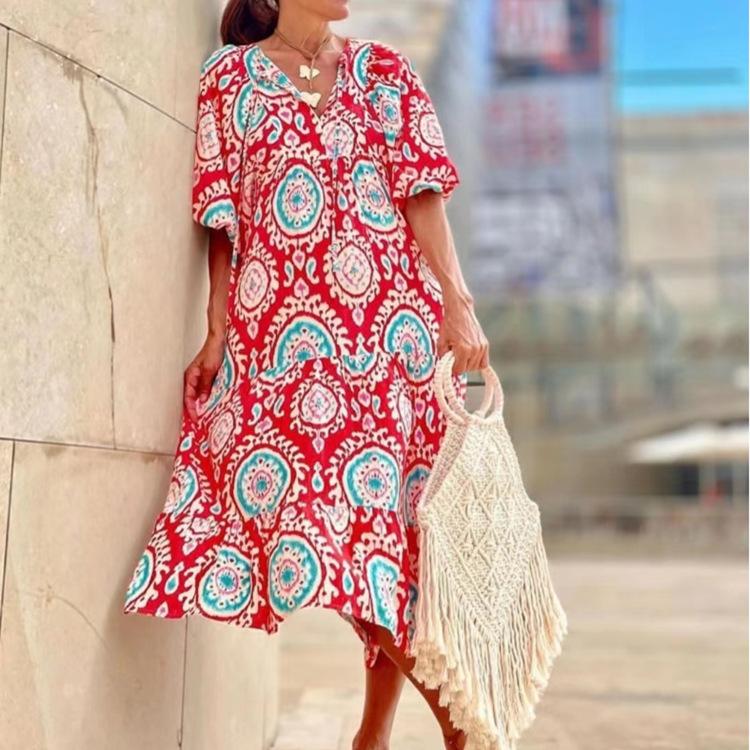 2023 Autumn New Independent Station Hot-selling Geometric Printing Bubble Sleeve Dress Street Fried Street Large Size Women's Clothing
