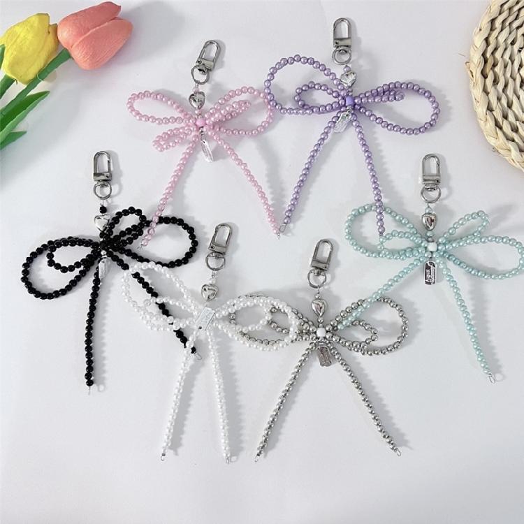 Lovely Bowknot Bag Charm Silver Heart Multipurpose Keychain Bowknot Bag Pendant Beaded Key Adornment for Daily Use