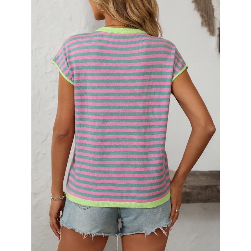 Top in maglia girocollo estivo da donna, maglione casual a righe contrastanti