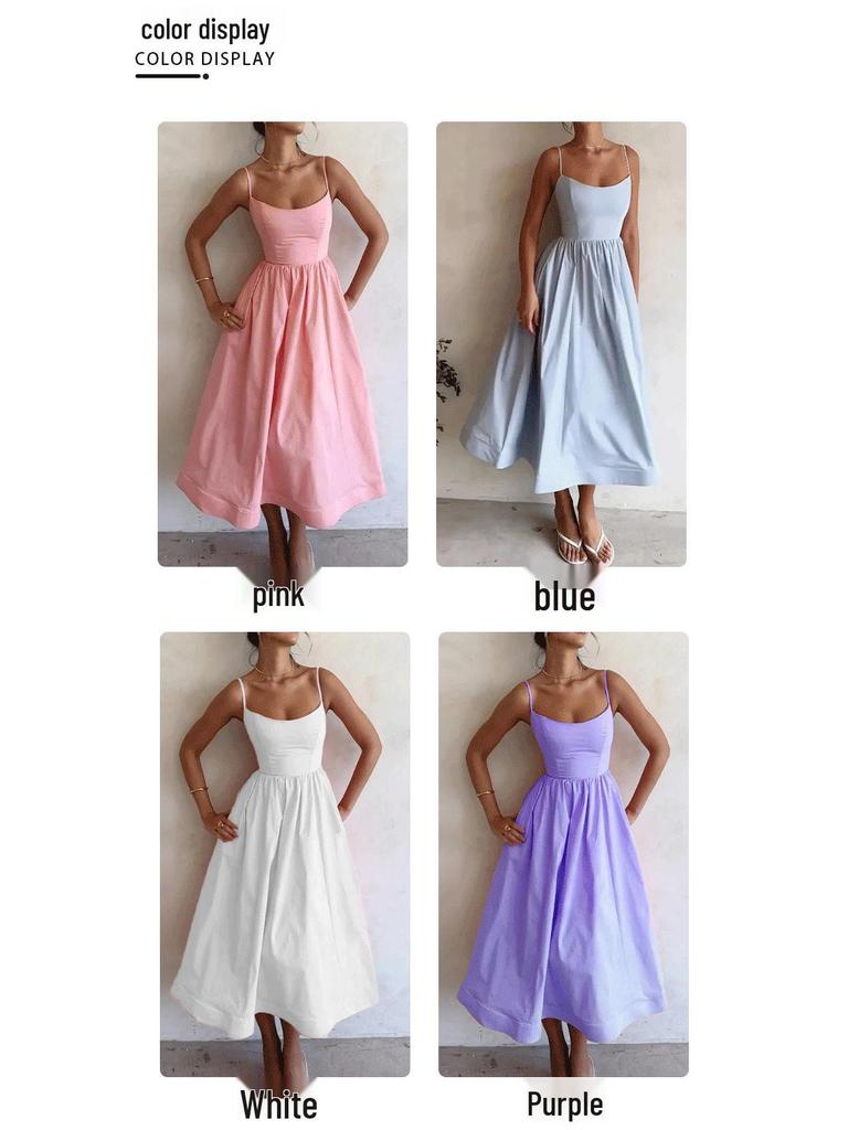 Spring 2026 Women's U-Neck Pleated Spaghetti Strap Dress