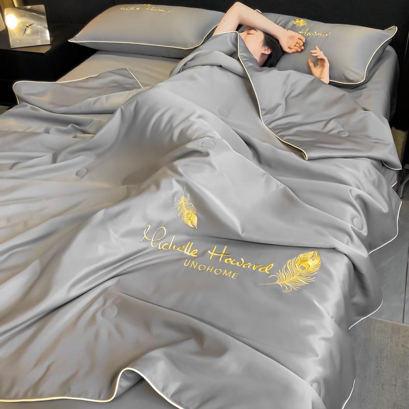 New Summer Cool Quilt Washable Ice Silk Feather Embroidery 4 Piece Bedding Set Queen Size