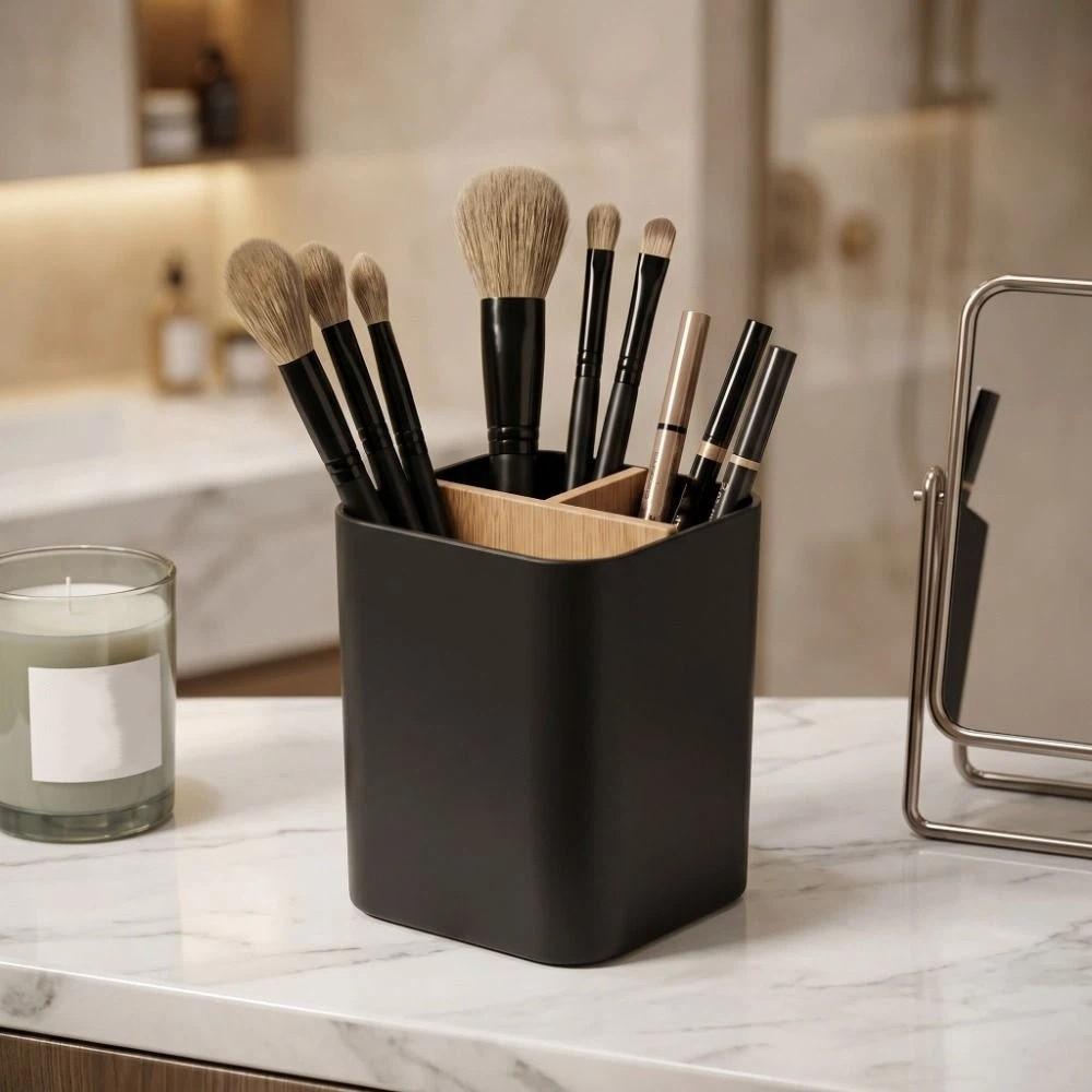 Bamboo Divided Makeup Brush Holder Organizer Flower Vase Toothbrush Holder Bathroom
