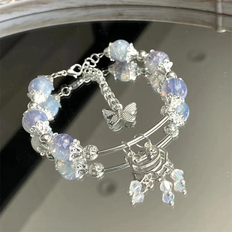 Sweet Pink Crystal Beads Bracelets for Women Fashion Bow Pendant Tassel Chain Bracelets Charms Summer Jewelry Accessories