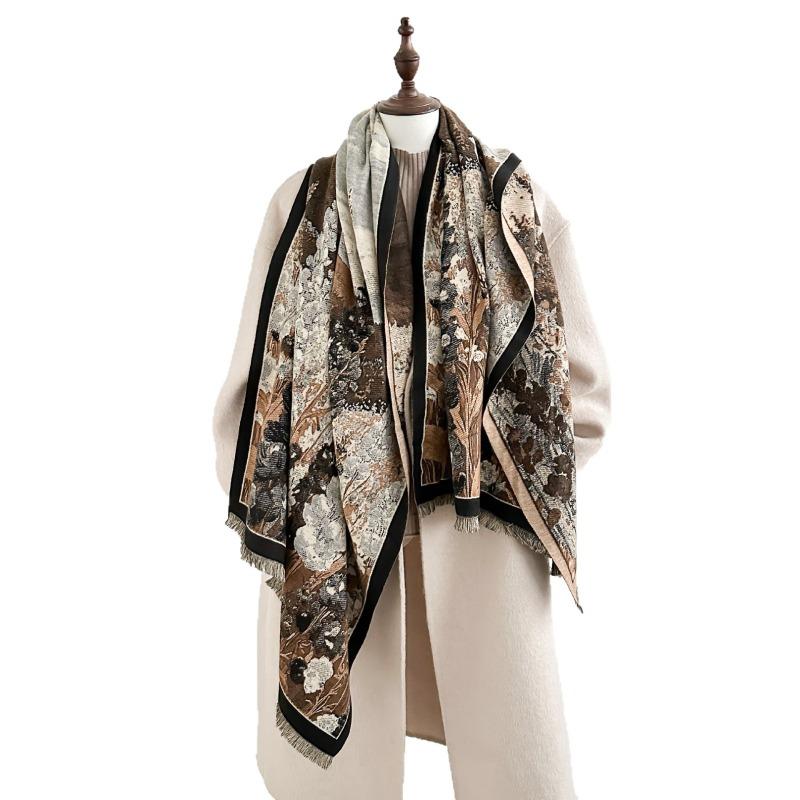 Autumn and winter new plant and flower printing scarf imitation cashmere fringed scarf women's high-end warm shawl