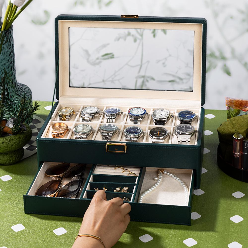 Lychee Grain PU Leather Watch & Eyeglass Storage Box with Multiple Slots