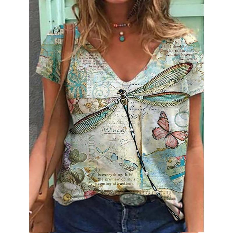 Sommer Schmetterling Libelle 3D V-Ausschnitt Bedruckt Neues Damen Top T-Shirt