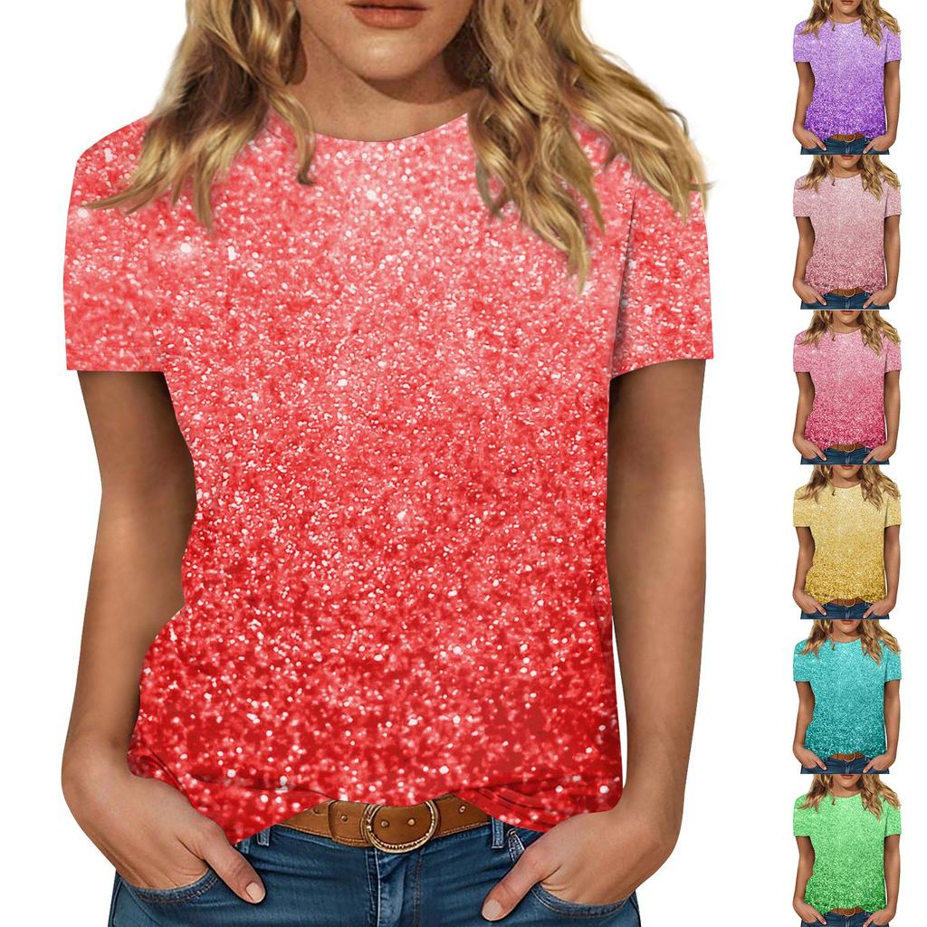 Women's Loose Fashion Short Sleeve Round Neck Sequin Gradient Printed Top