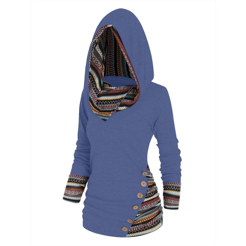 Geometric Stripe Panel Hooded Top Long Sleeve Button Top Pullover Tops For Women