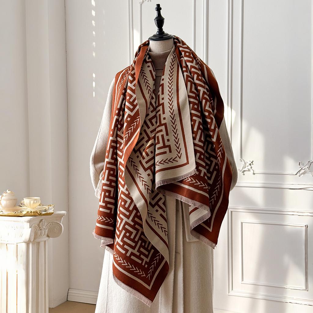 Luxury Brand Women's Cashmere Scarf - Winter Warm Tasseled Allover Geometric Print Pashmina Shawl, Foulard & Poncho