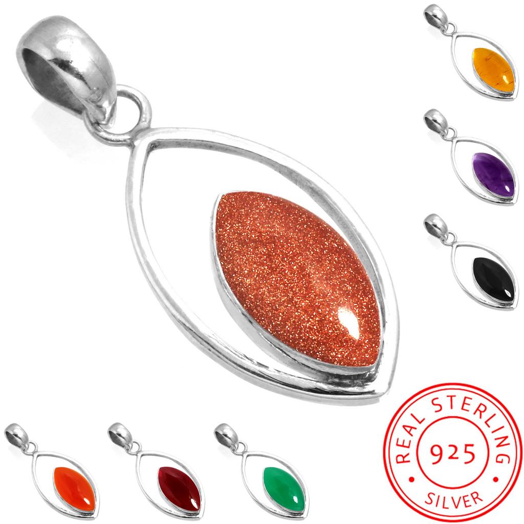 925 Sterling Silver Pendant Women Gemstone Handmade Jewelry Birthday Gift Amber Amethyst Black Onyx Carnelian Garnet Quartz Green Onyx Gold Stone
