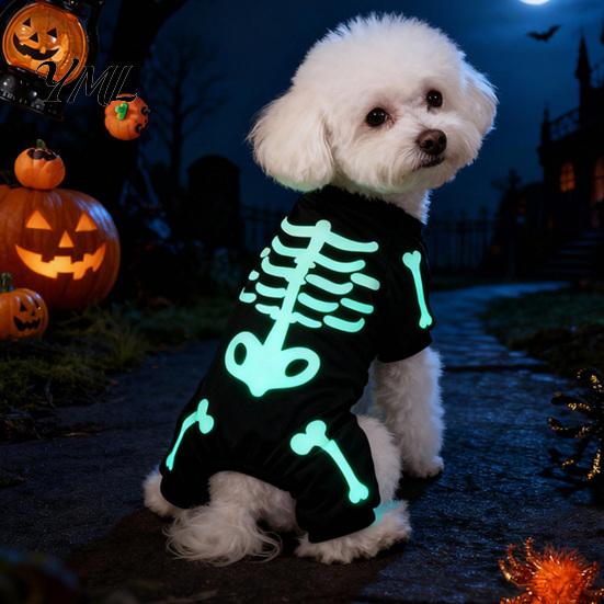Small Breed Halloween Clothes Dog Jumpsuit, Glow-in-The-Dark Skeleton Pet Onesie, Spooky Soft Polyester Clothing Four-Legged for Dogs Trick-or-Treat