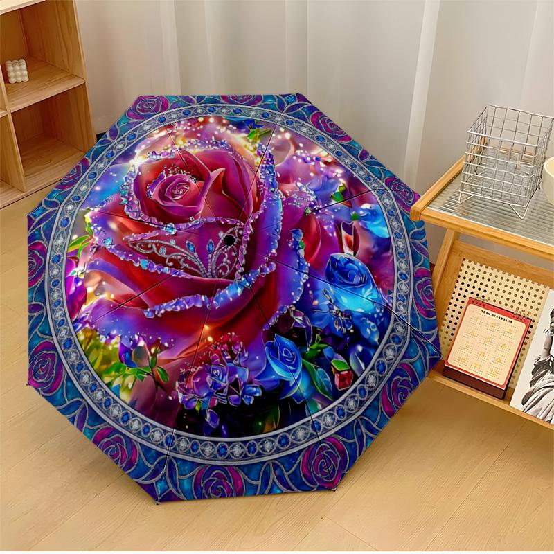 

Elegant Red Roses with Gold Butterflies Theme Automatic Umbrella Compact 8-Rib Design Sturdy Construction Durable Umbrella Stylish Accessory