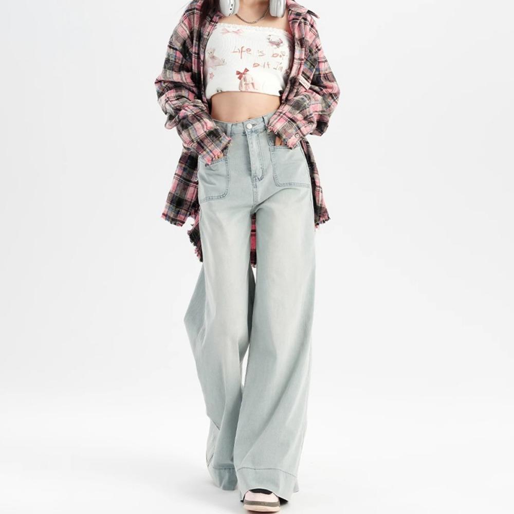 

Niche trend thin and tall high-waisted jeans women s spring and autumn new loose drape wide floor mopping denim 2XL