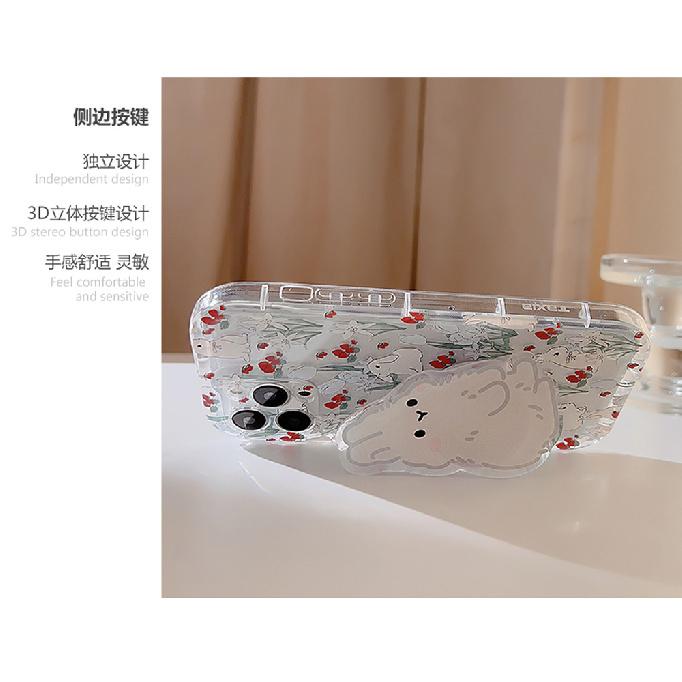 Korean-style floral rabbit design applicable iphone13Apple14Phone case11Cute girl15pro max Bracket16Transparent