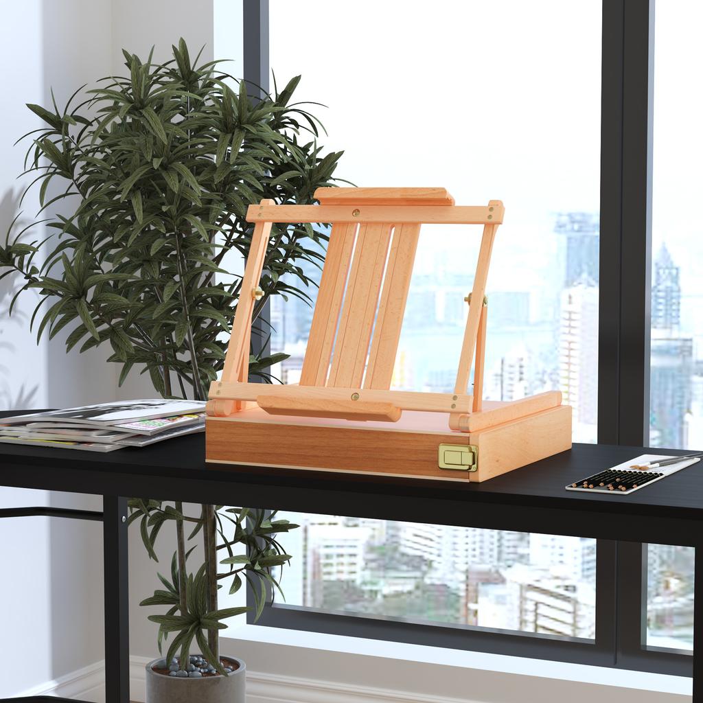 Foldable Studio Easel Angle & Height Adjustable Beechwood Painting and Display Easel, Portable Sturdy Table Desktop Holder Stand with Drawer