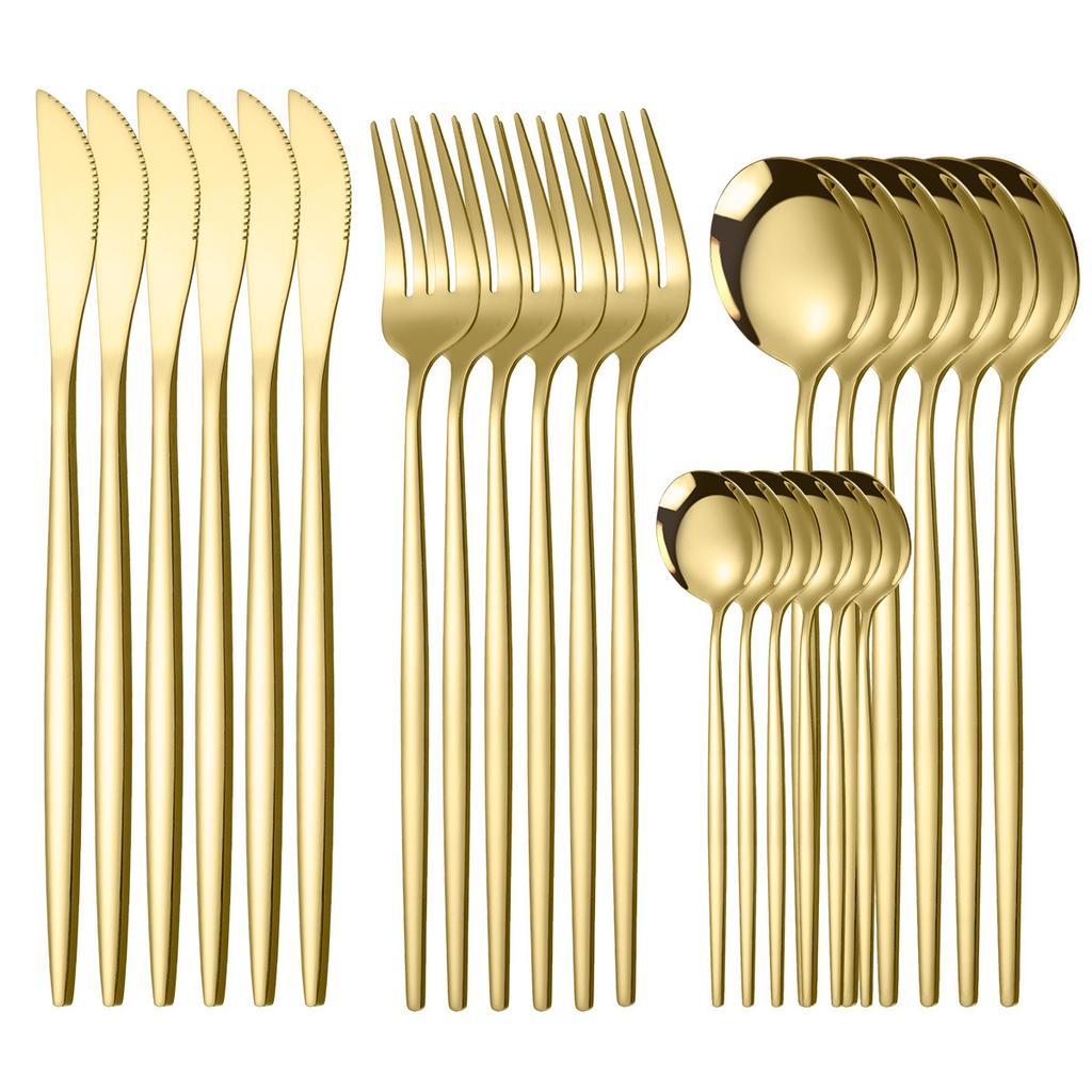 24pcs Stainless Steel Gold Cutlery Set Forks Knives Tea Spoons Dinnerware Tableware Dinner Supplies Kitchen Hotel Party Gift