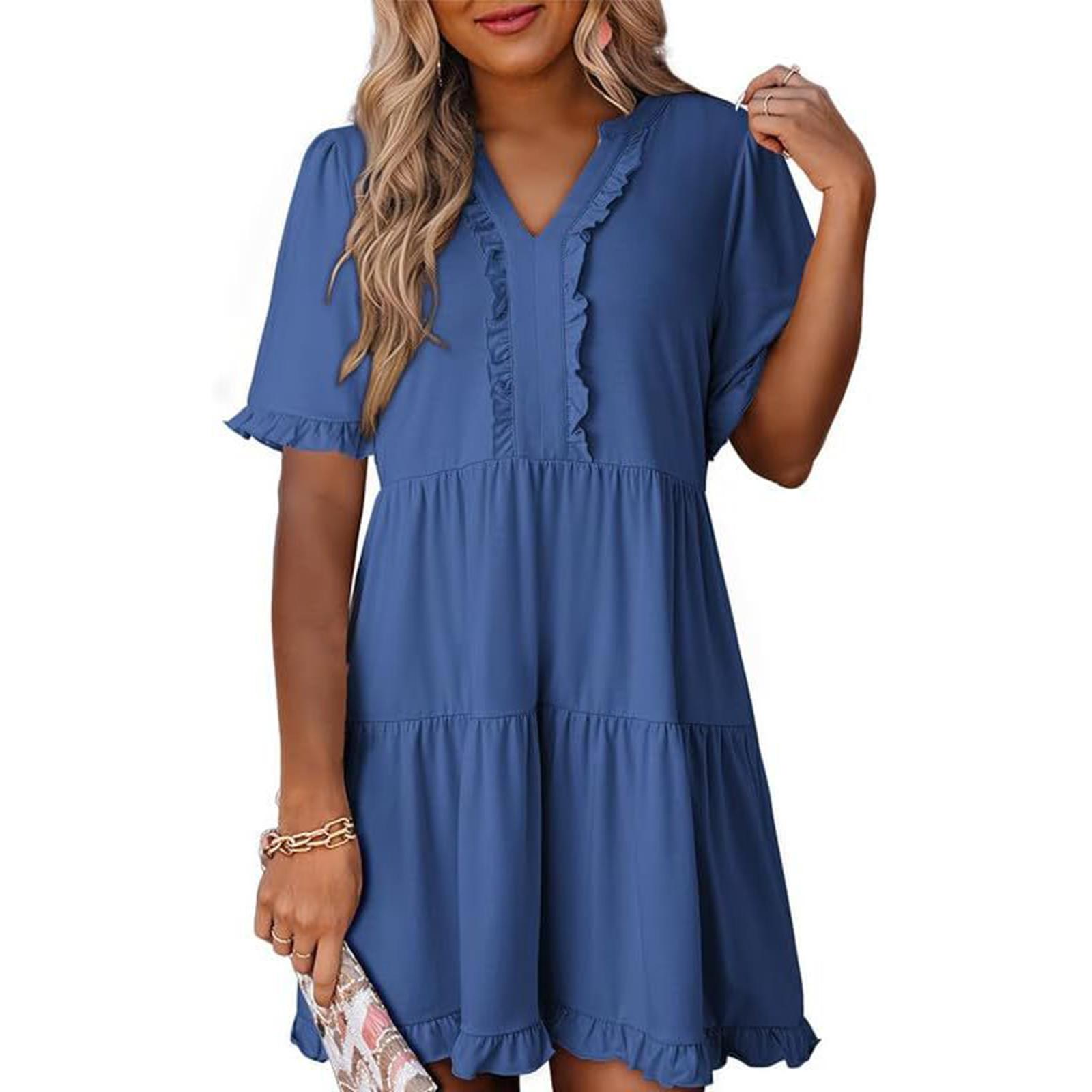 Women s Fashion Casual Ruffled Dress Short Sleeve V-Neck Large Swing Dress L синий