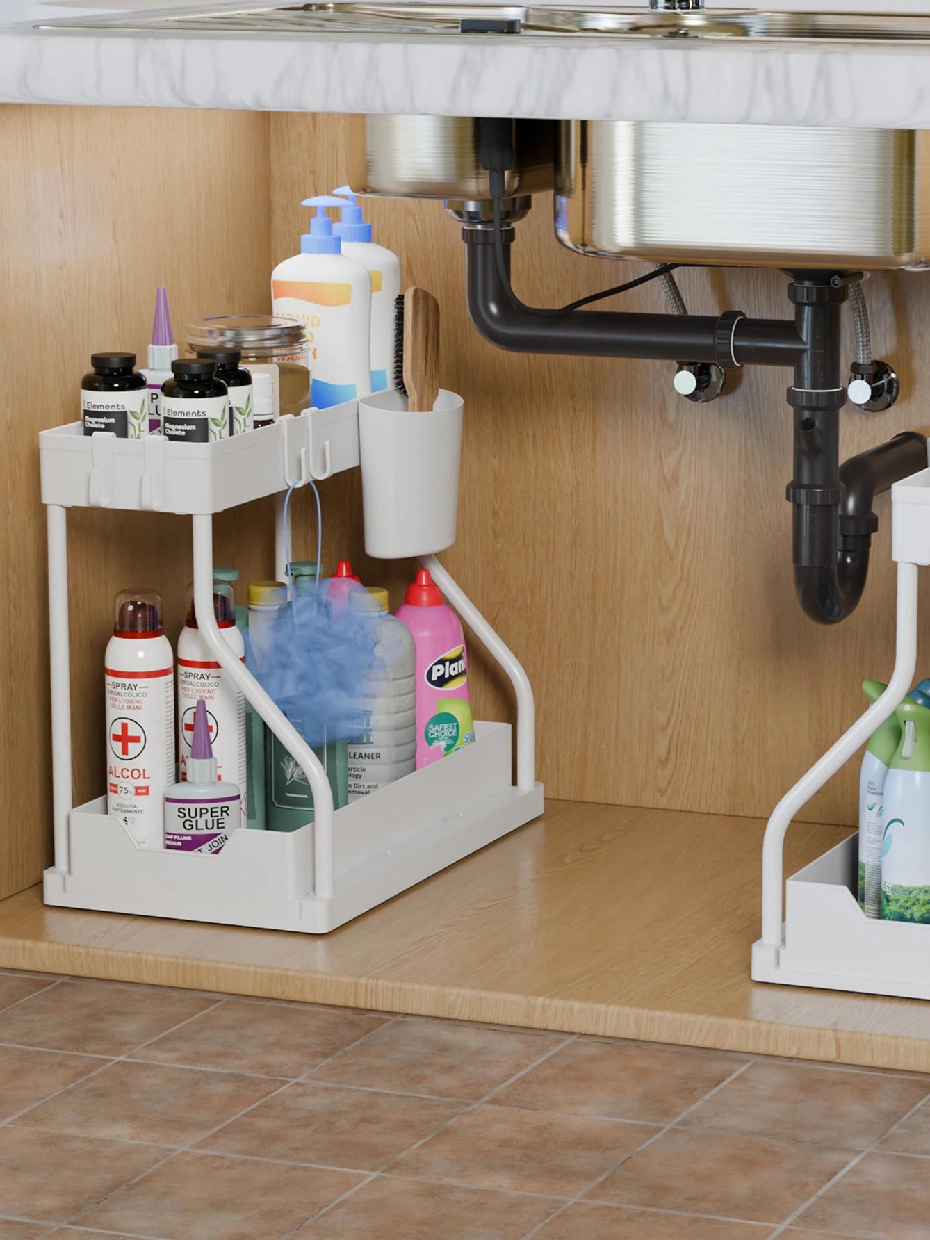 Space-Saving Organizer Shelf 2-Tier Pull-Out Storage Organizer Durable Large Capacity Drawer for Kitchen and Bathroom Essentials