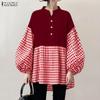 ZANZEA Women Plaid Print Splice Long Sleeve Loose Casual Blouse