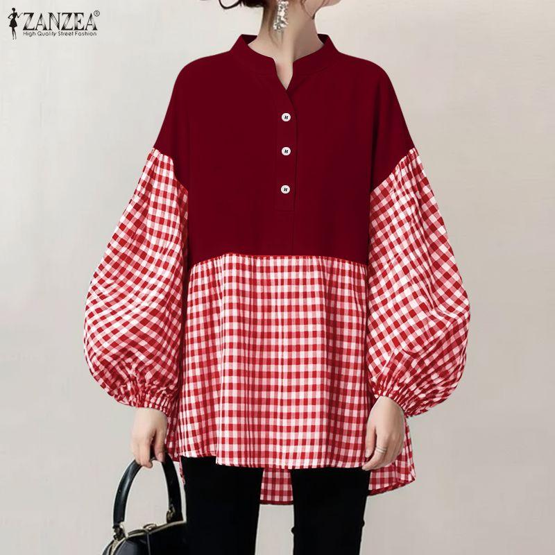 ZANZEA Women Plaid Print Splice Long Sleeve Loose Casual Blouse