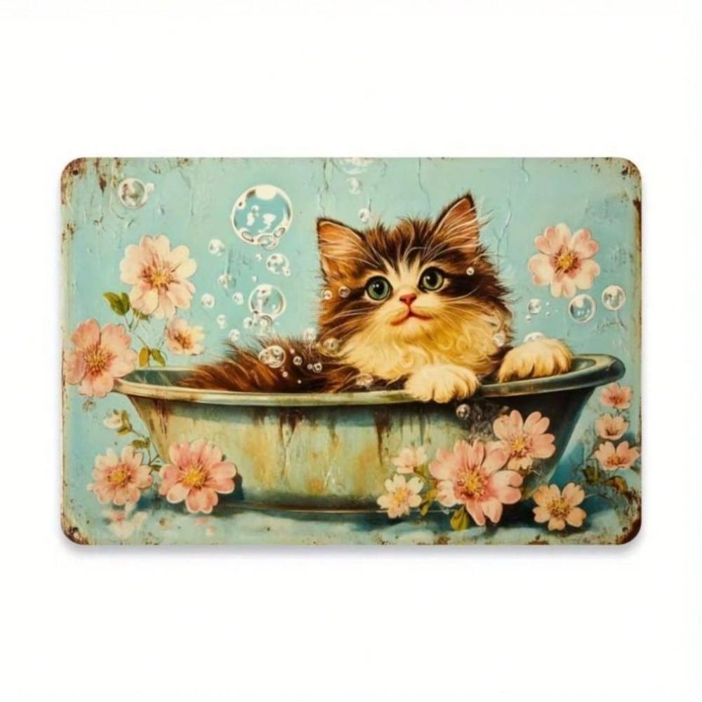 Vintage Metall Blechschild Kätzchen Blumen Wandkunst Retro Katze Poster Badezimmer Dekor