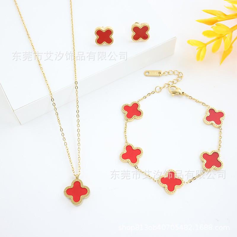 13mm Lucky Clover Floral Set Necklace Bracelet Earrings Titanium Steel 18K Plated Fashion Jewelry Women Men