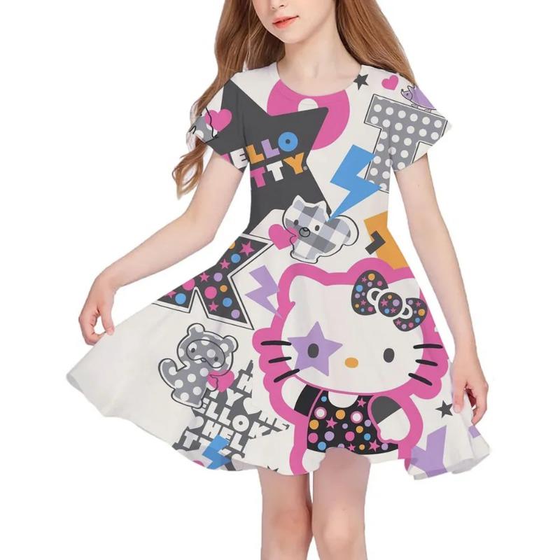 Summer New Girls Short-Sleeved Dress Hello Kitty 3D Printed Children's Fishtail Skirt Casual