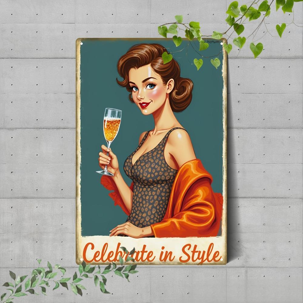 Vintage Metal Wall Art Sign x Inch Retro Girl with Wine Glass Bar Home Office Decoration