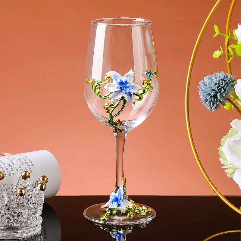 Luxury Crystal Enamel Goblet Glasses Vintage 3D Floral Decor Wine Glass Champagne Cup for Wedding Party Home Bar Home Party Gift