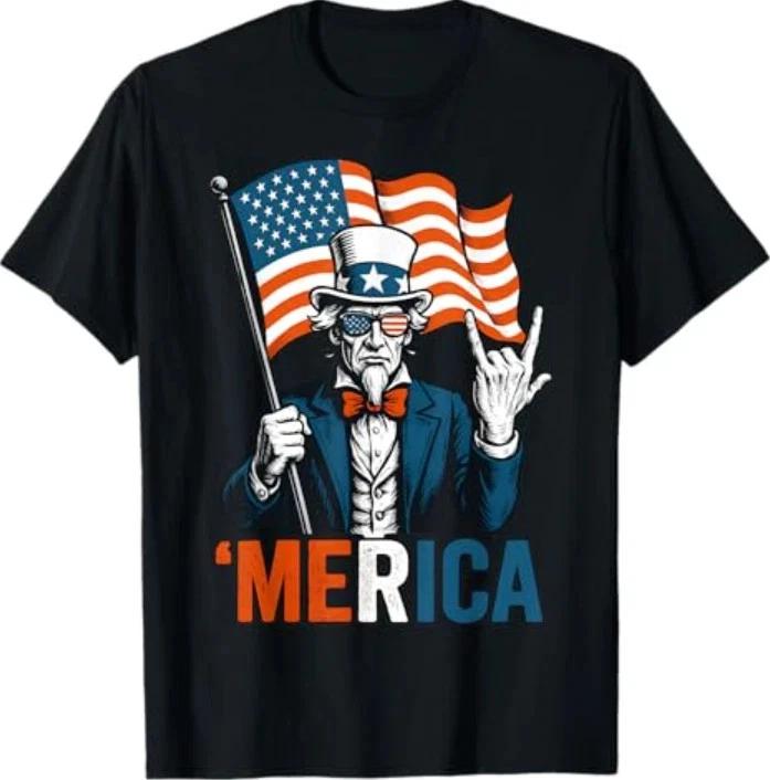 Uncle Sam Merica Rock Funny 4th Of July American Flag USA TShirt S