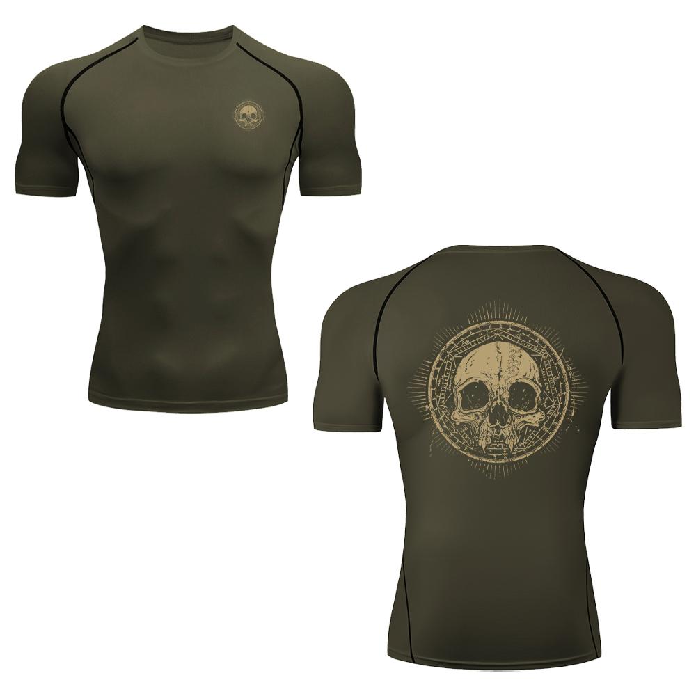 

Summer Fitness Compression T-Shirt Elastic Breathable Skull Print Quick Drying Crew Neck Short Sleeve Casual Commute Top 3XL зелений
