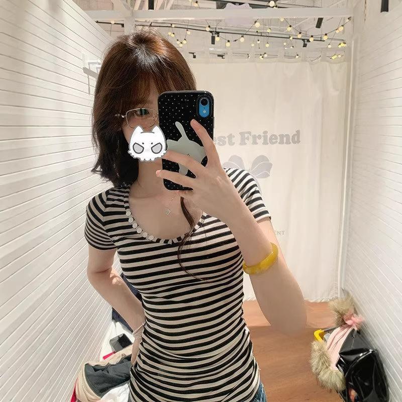 Spice Girl Striped Button U-Neck Shoulder Short Sleeve T-Shirt Women's Summer New Slim Skinny Versatile Top
