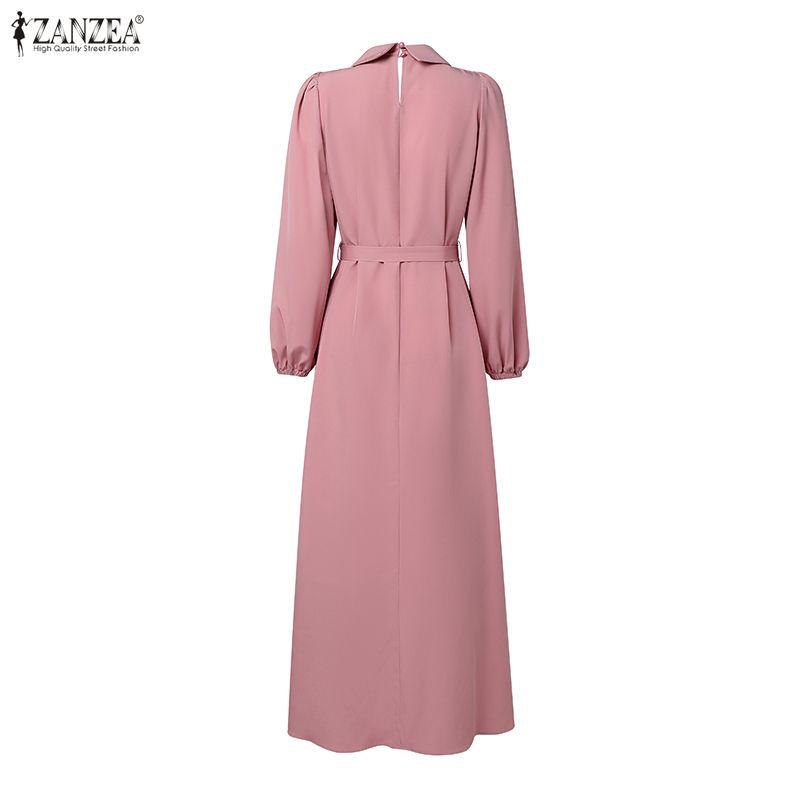 ZANZEA Damen Freizeit Puppenkragen Locker Langarm Muslimisches Langes Kleid