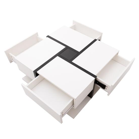 Wood Center Table High Gloss Coffee Table with 4 Drawers Unique Tea Color Coordination And Line Design Storage Space Below