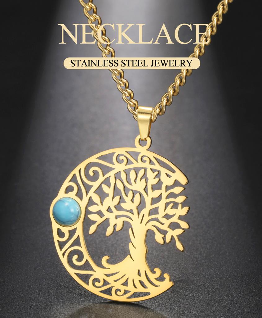 Dawapara Vintage Turquoise Crescent Moon Tree of Life Necklace Filigree Celtics Moon Wiccan Pendant Stainless Steel Jewelry