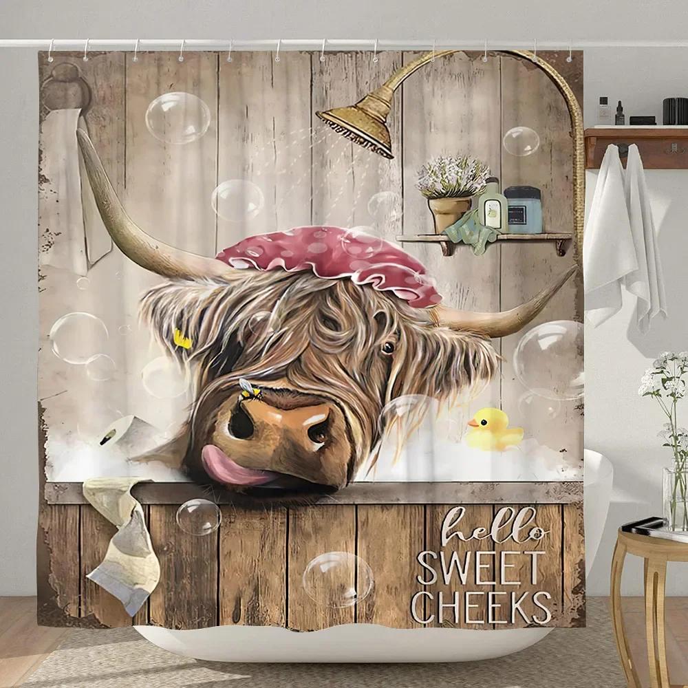 Funny Farmhouse Highland Cow Shower Curtain Vintage Western Bull Cattle Rustic Country Shower Curtains Funny Animals Bath Decor