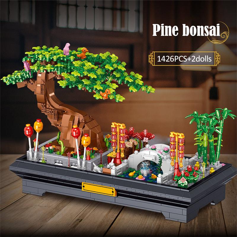 Mini Garden Bonsai Building Block Cherry Blossom Pine Pavilion 3D Model Brick Plant Potted Home Decoration Children's Toy Gift