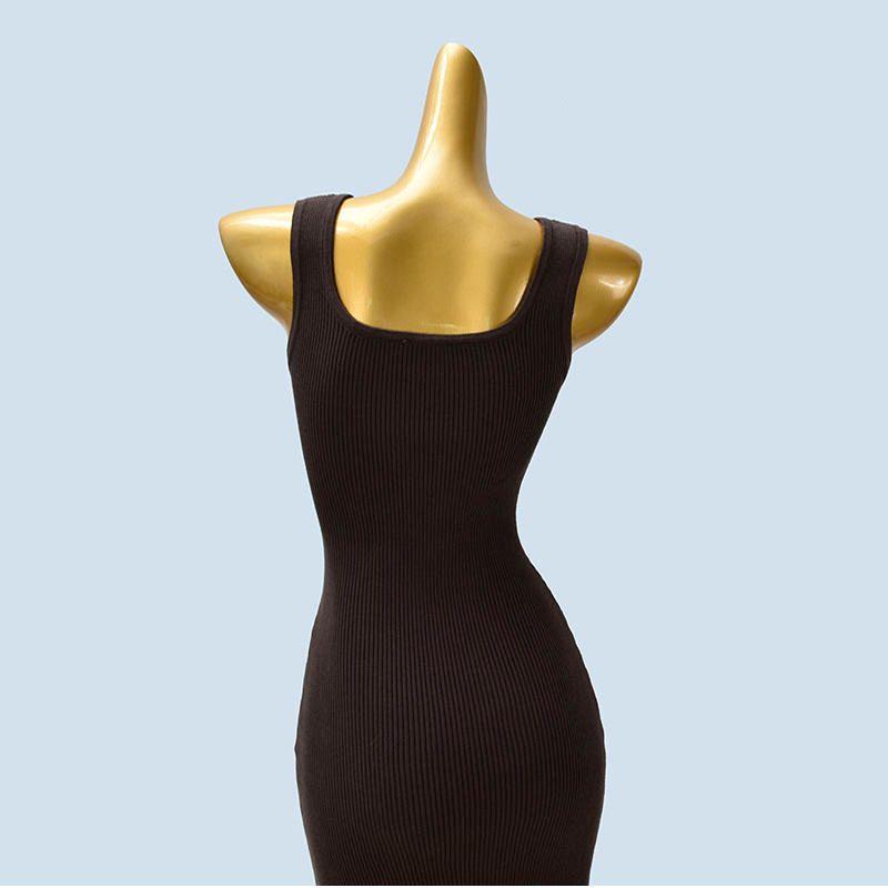 Knitting Sling Dress Women's Spring and Autumn Sexy Square-Neck Collarbone Slit Slim-Fitting Hip-Wrapped Sleeveless Long Dress Show Figure