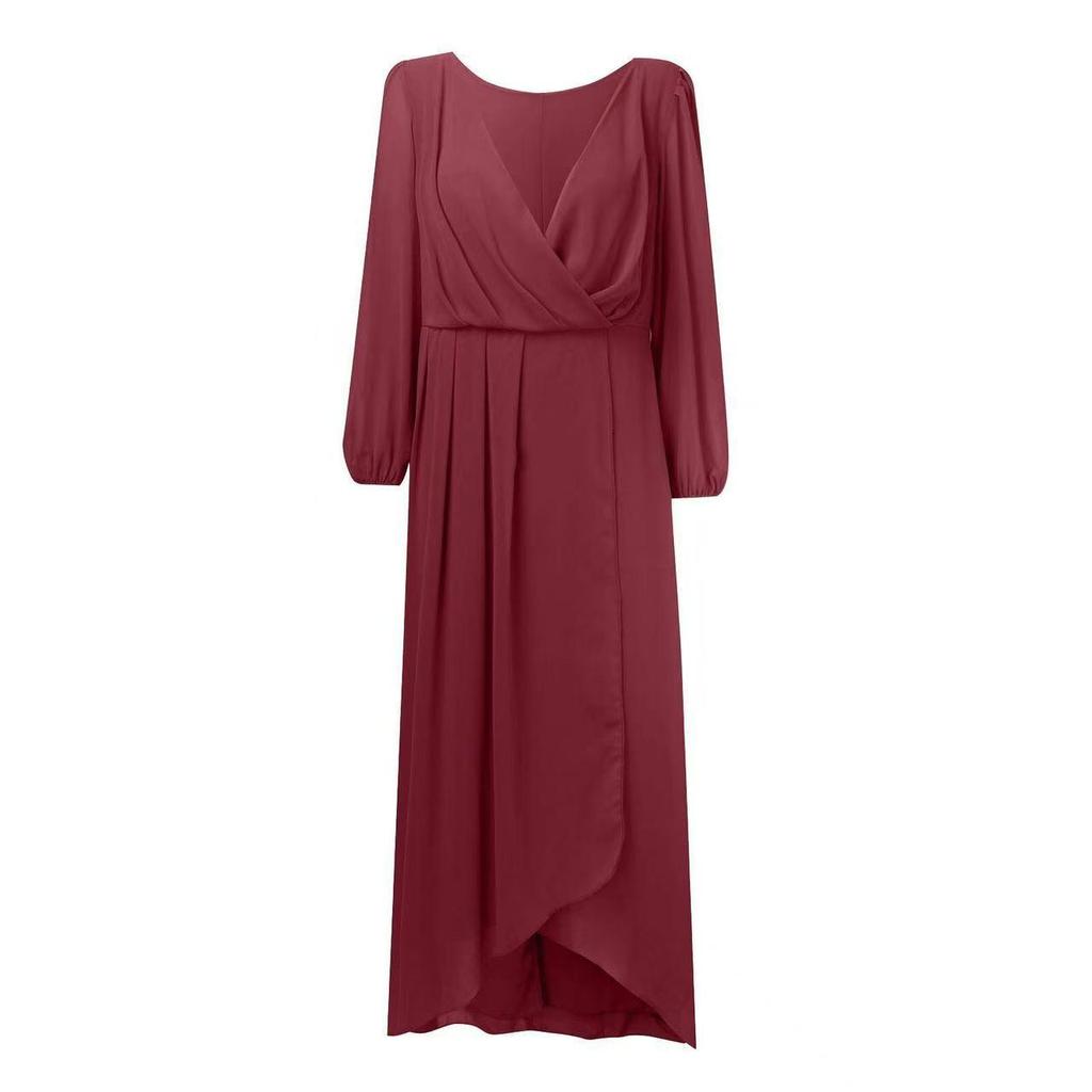 V-neck Solid Color Slim-fit Bridesmaid Evening Dress with Three-quarter Sleeves