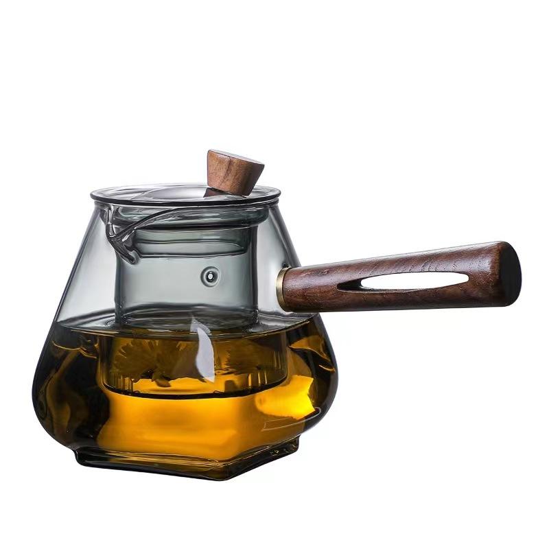 Tea making side handle around the stove, teapot borosilicate glass wood handle, high temperature resistant home office