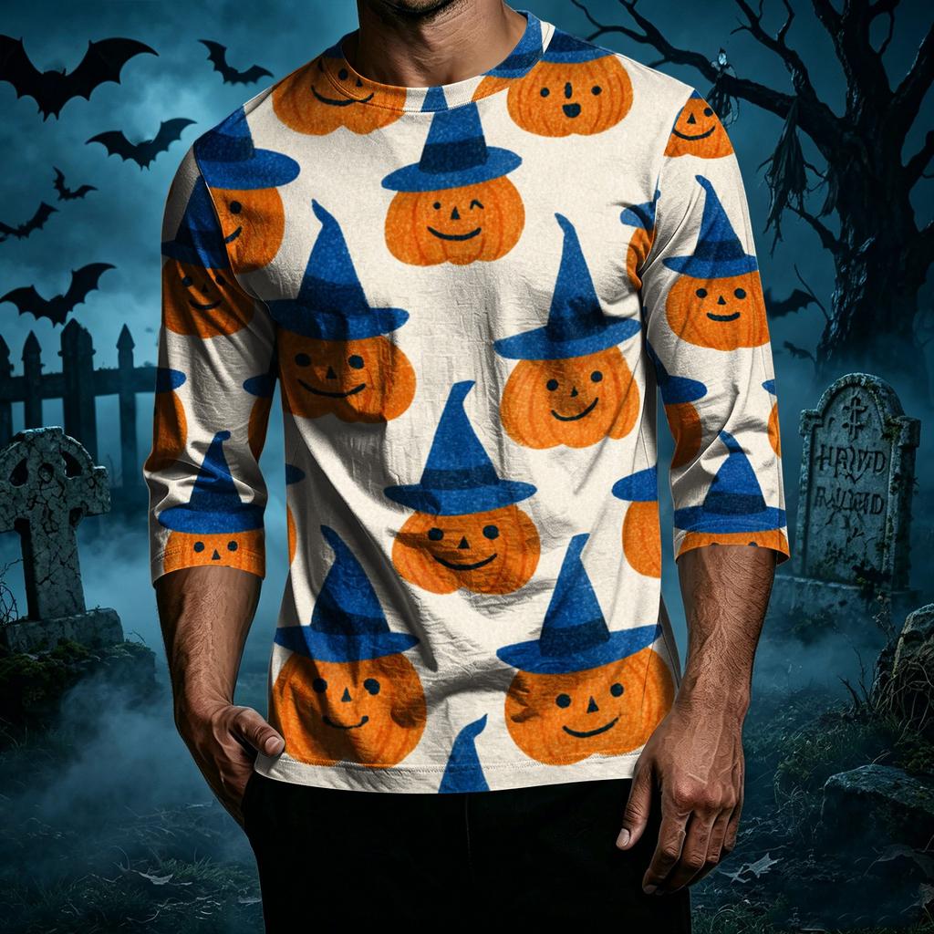 Men's Casual Halloween Pumpkin Print Raglan Sleeve T-Shirt Crew Neck Three Quarter Sleeve Top Lightweight Comfortable Fit