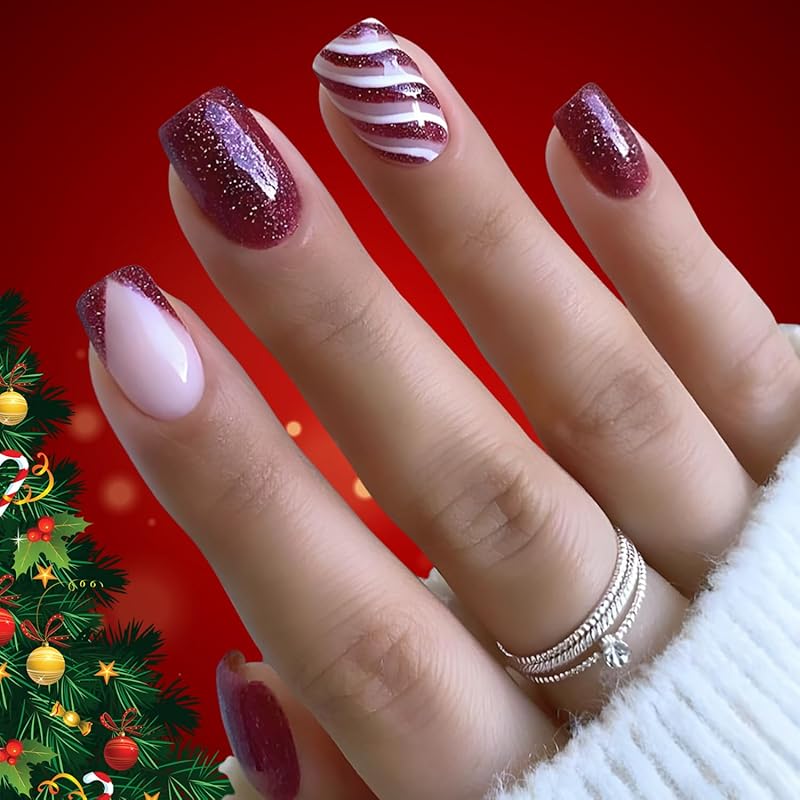 Christmas Press on Nails Short Square Red Fake Nails with Candy Cane Line Snowflake Glossy Designs Full Cover Press ons False Nails for Women 24 Pcs