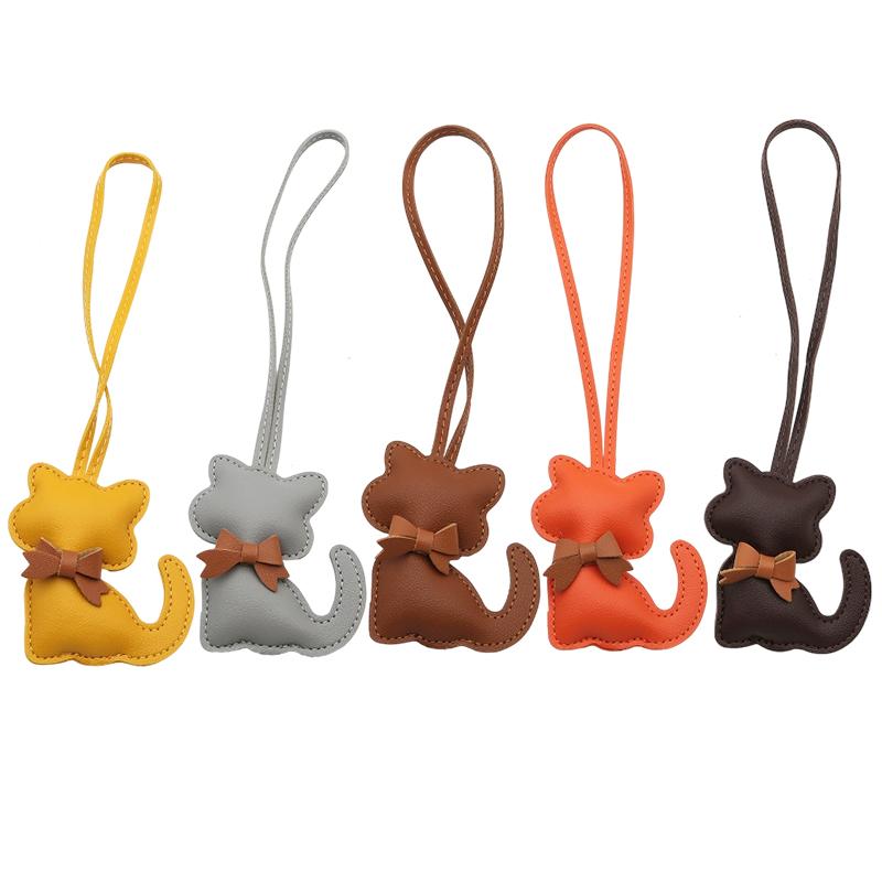 1PC Kitten-Shaped Bags PU Leather Cat Lovers Cat Keychain Luggage Keyring with Brown Bow Tie Gift Multiple Options Available