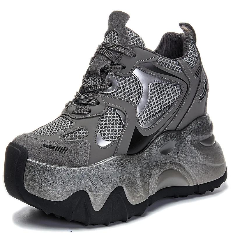 Fashion 12cm Air Mesh Microfiber Synthetic Chunky Sneakers Spring Shoes Leather Ankle Booties Women Vulcanize Boots Autumn