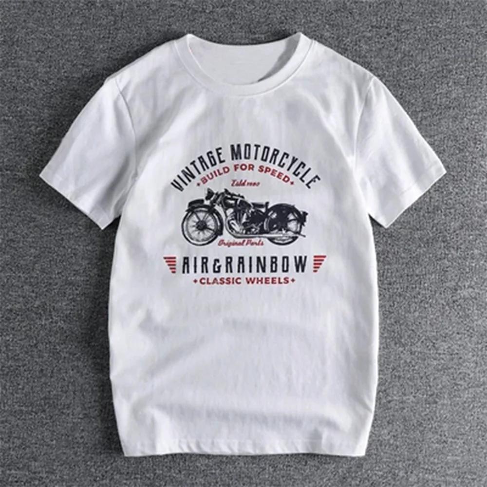 Summer American Retro Short-sleeved O-neck Motorcycle Printed T-shirt Men's Fashion Simple 100% Cotton Washed Casual Sport Tops