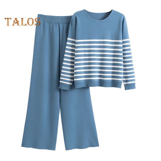 2 Teile/satz Damen Top Hosen Set Streifendruck Rundhals Langarm Sweatshirt Elastische Taille Weites Bein Jogginghose Sport Outfit Herbst Lässiger Trainingsanzug